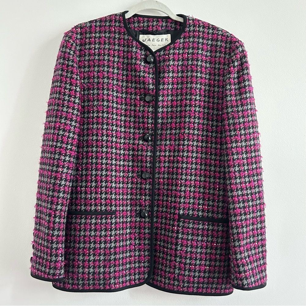 Vintage Jaeger Wool Tweed Houndstooth Blazer in Pink Black Grey size 14 Preppy